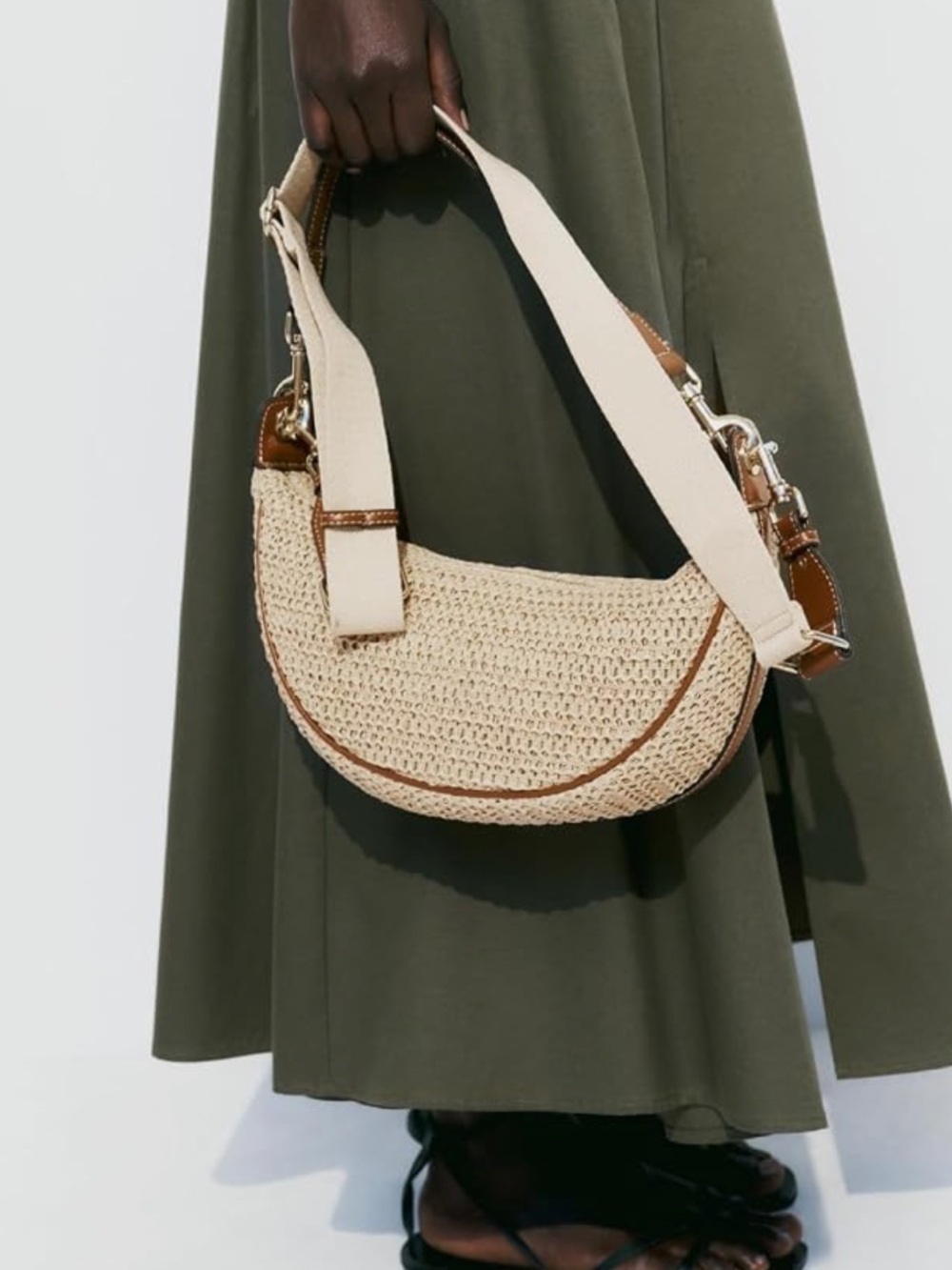Woven Crescent Crossbody Bag in Cream with Tan Trim - Picture 8 of 8